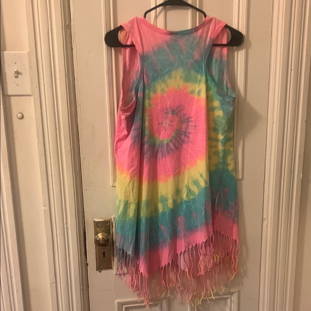Tie-Dye Sleeveless Fringe Midi Dress